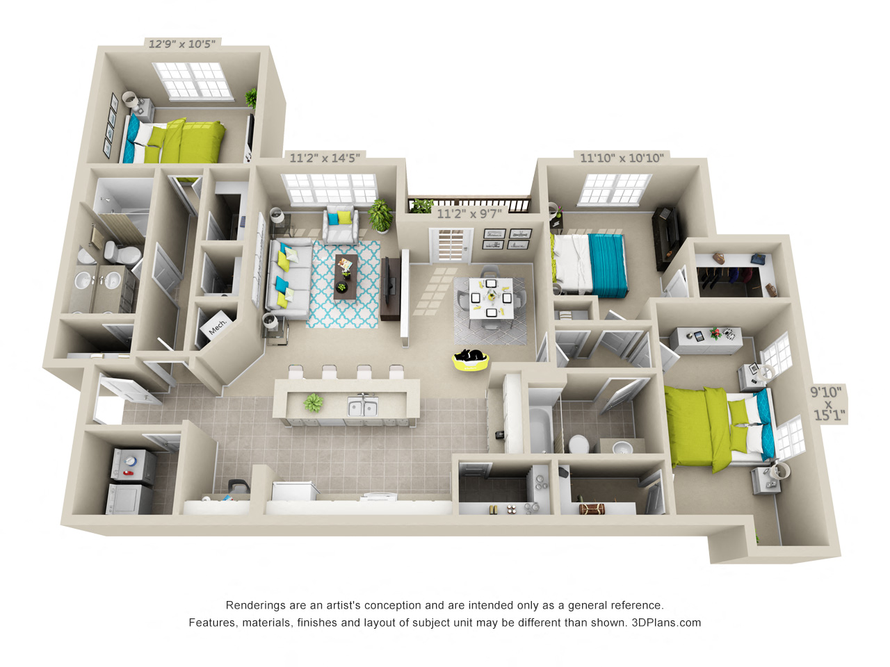 Floor plan for 3 beds, 2 baths, 1539 sqft